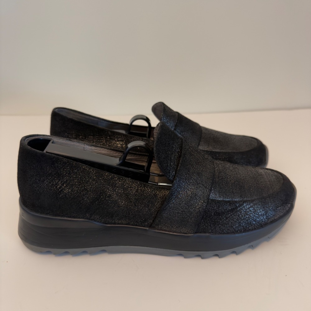 Eileen Fisher Womens Black Crackled Metallic Leather Platform Slip On Loafers - Picture 5 of 6